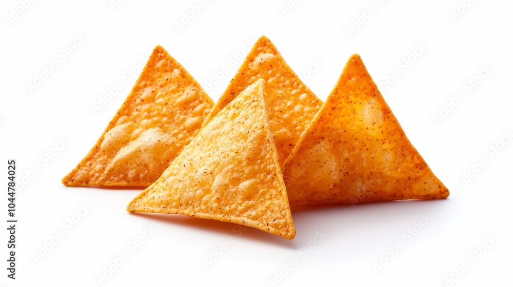 Golden triangular Mexican tortilla chips, arranged artistically, casting soft shadows on a pristine white background, perfectly crisp edges, close-up detail Golden triangular Mexican tortilla chips, arranged artistically, casting soft shadows on a pristine white background, perfectly crisp edges, close-up detail