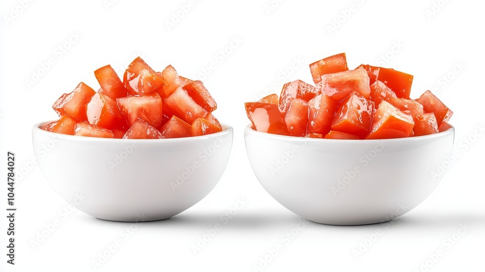 Realistic close-up of juicy diced tomatoes in white bowls, crisp detail and natural colors, ideal for salad preparation or food product promotion