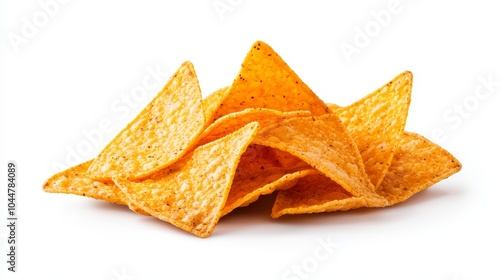 A crisp shot of golden tortilla chips, triangular and perfectly symmetrical, floating above a white background, sharp detail on every chip's texture photo