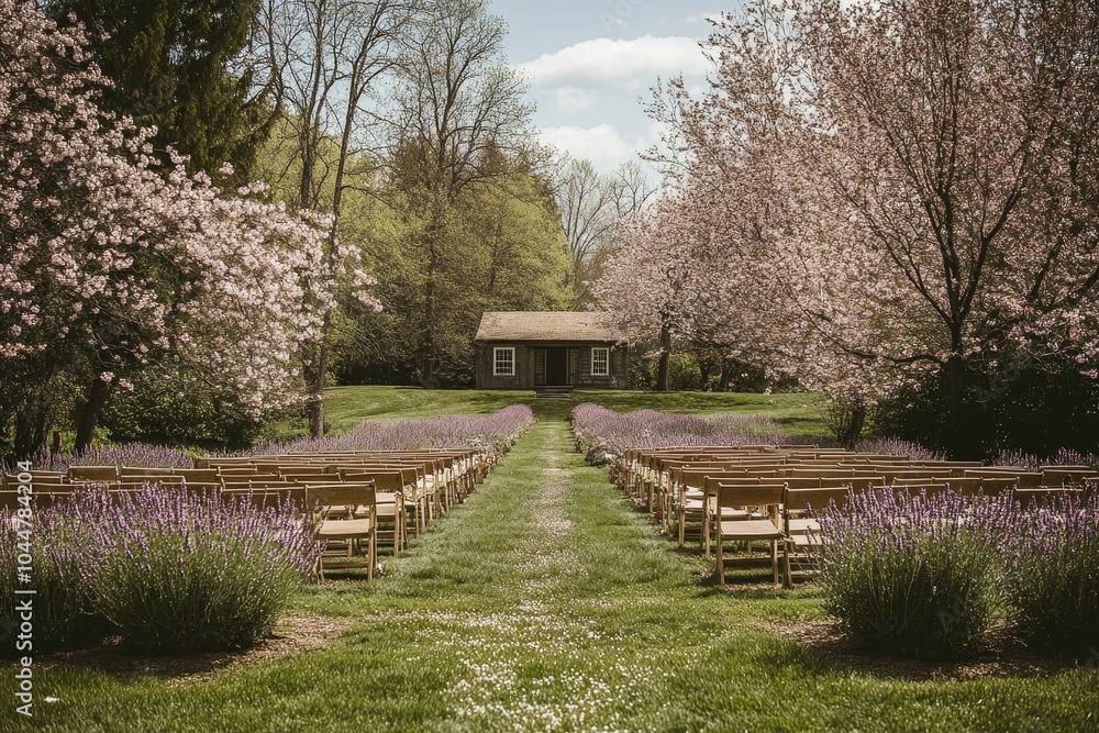 Fototapeta premium A picturesque garden ceremony setup with blooming trees, rustic charm, and fragrant lavender, inviting love and beauty to the special day.