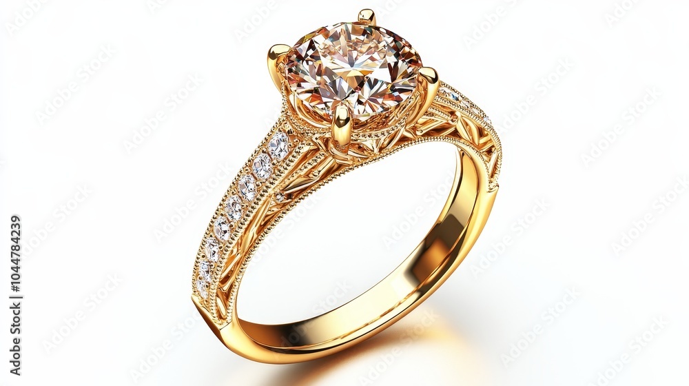 Intricate 3D rendering of a yellow gold ring with a large diamond centerpiece, detailed filigree work on the band, delicate curves, and soft reflections on a white background Intricate 3D rendering of a yellow gold ring with a large diamond centerpiece, detailed filigree work on the band, delicate curves, and soft reflections on a white background