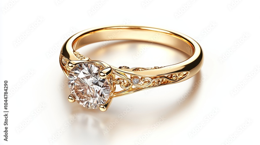 Luxury yellow gold ring with filigree ornamentation and a sparkling diamond, highly detailed, presented in a clean 3D render with soft white background lighting Luxury yellow gold ring with filigree ornamentation and a sparkling diamond, highly detailed, presented in a clean 3D render with soft white background lighting