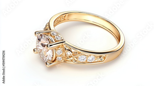 Elegant yellow gold ring with a diamond and delicate filigree design, 3D rendering isolated on white, jewelry advertisement, premium luxury style
