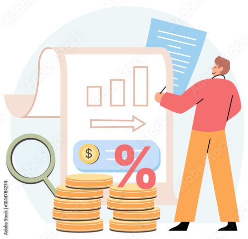 Budget planning, finance accounting. Calculation financial income and expenses. Taxpayer counting money, taxation. Fiscal police agent analyzing personal or corporate budget, person check tax burden