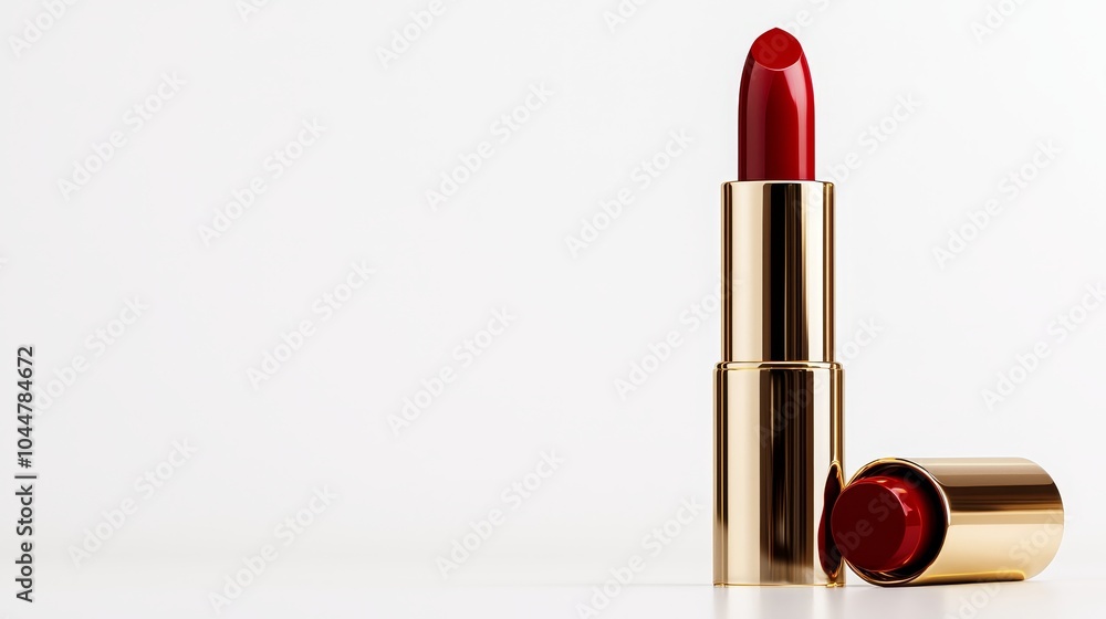 Stylish red lipstick with gold metallic cap, close-up product photo against pure white, luxury cosmetics for premium advertisements, sleek and refined design Stylish red lipstick with gold metallic cap, close-up product photo against pure white, luxury cosmetics for premium advertisements, sleek and refined design