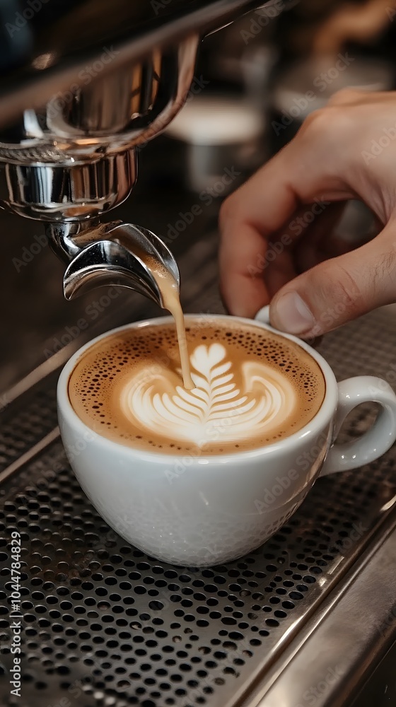 Barista pouring latte art into a white cup, creating a beautiful leaf design. Barista pouring latte art into a white cup, creating a beautiful leaf design.