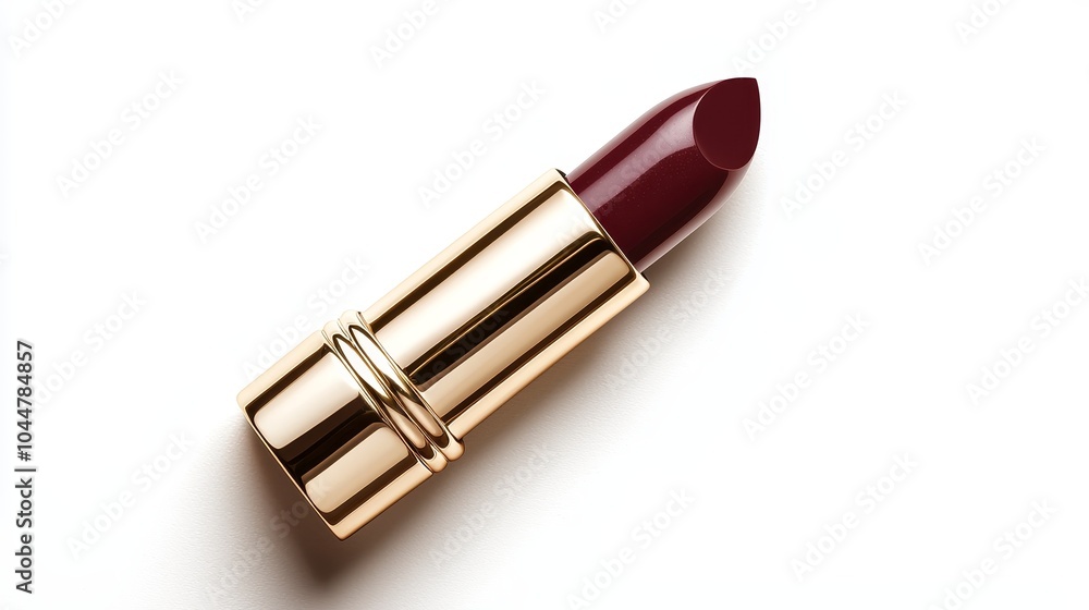 Shiny metallic gold-capped lipstick with deep red color, placed against a pure white backdrop, luxury beauty advertisement, elegant and timeless cosmetic image Shiny metallic gold-capped lipstick with deep red color, placed against a pure white backdrop, luxury beauty advertisement, elegant and timeless cosmetic image