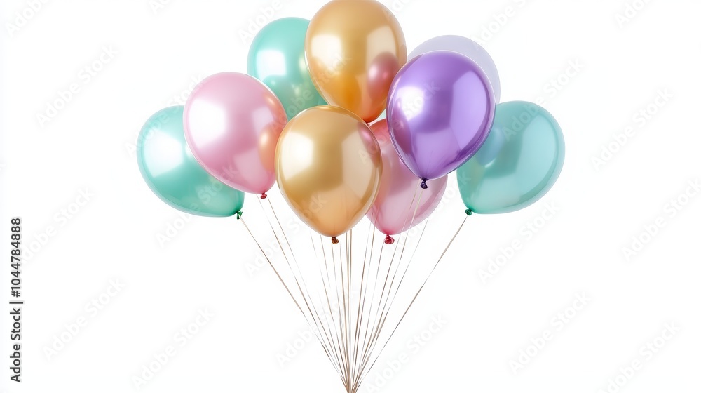 Vibrant close-up of colorful balloons with glossy textures floating on a white background, isolated with soft shadows for depth Vibrant close-up of colorful balloons with glossy textures floating on a white background, isolated with soft shadows for depth