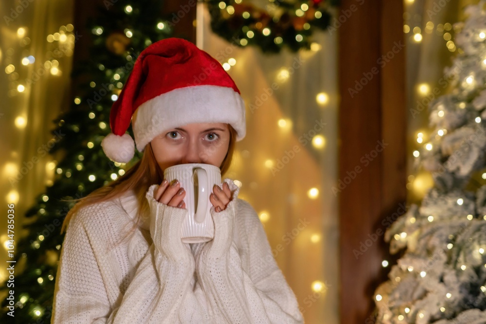 Woman Santa Hat Christmas Drink - A woman wearing a Santa hat drinks from a mug in a room decorated for Christmas. Woman Santa Hat Christmas Drink - A woman wearing a Santa hat drinks from a mug in a room decorated for Christmas.