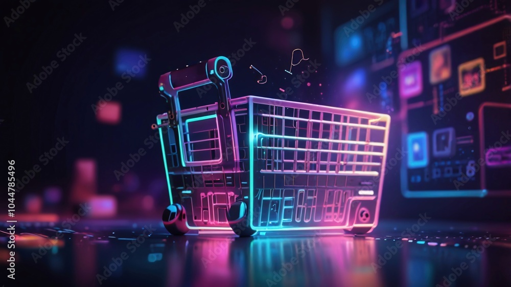 showcasing a virtual shopping concept The central subject is a large, neon blue shopping cart icon, showcasing a virtual shopping concept The central subject is a large, neon blue shopping cart icon,