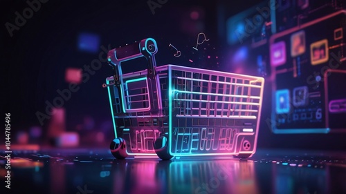showcasing a virtual shopping concept The central subject is a large, neon blue shopping cart icon,