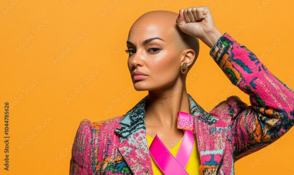 Bald woman wearing colorful jacket with pink ribbon. Bald woman wearing colorful jacket with pink ribbon.