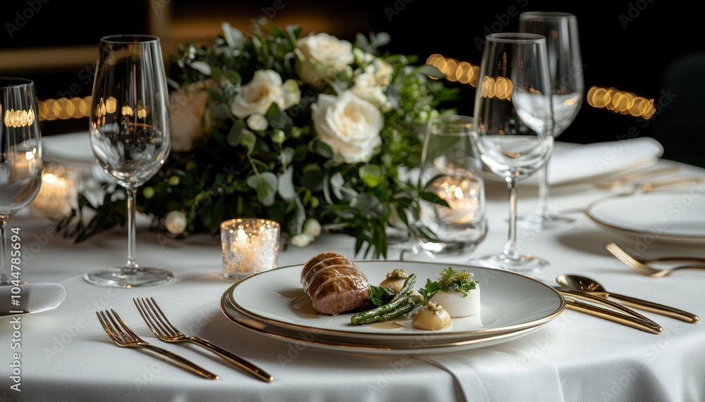 Discover an elegant formal dinner table setting featuring fine cuisine, exquisite glassware, and beautiful floral arrangements. Perfect for upscale events.