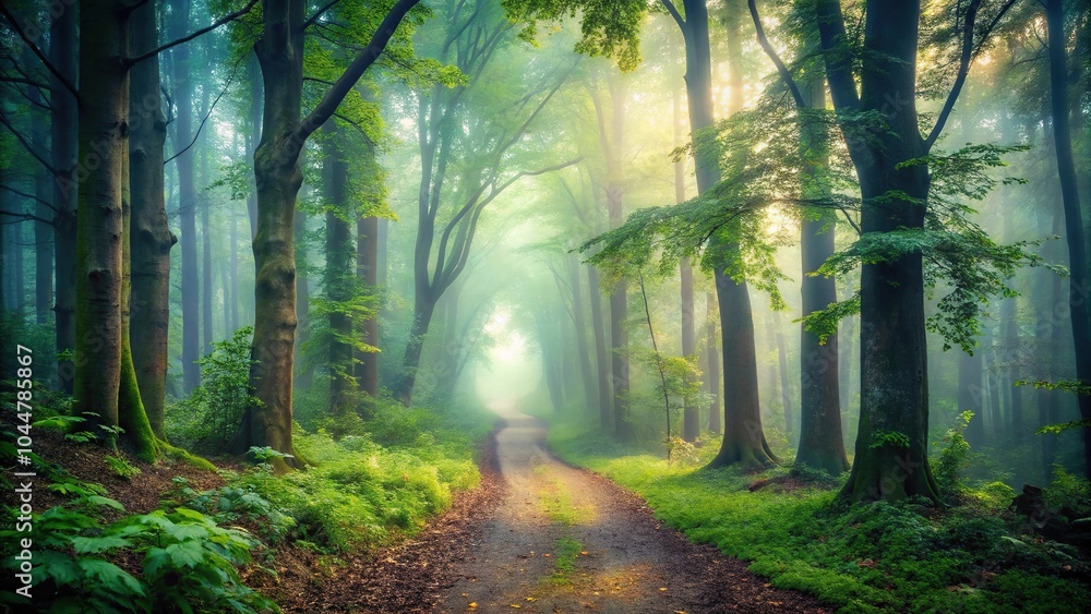 Fototapeta premium Serene and mysterious forest path shrouded in mist, evoking tranquility and wonder