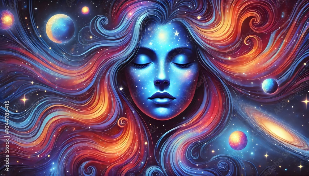 A celestial figure, blending seamlessly with the universe, radiates serenity. Her flowing hair mirrors swirling galaxies, while her face, painted in cosmic blue A celestial figure, blending seamlessly with the universe, radiates serenity. Her flowing hair mirrors swirling galaxies, while her face, painted in cosmic blue