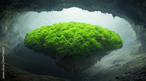 Floating green island in a mysterious cave environment. photo