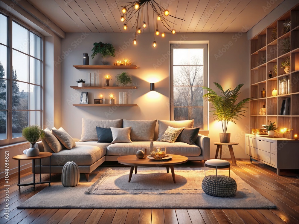 Fototapeta premium Cozy Minimalist Living Space Exuding Warmth and Comfort â€“ Conceptual Photography of a Bare Design with Soft Lighting, Inviting Atmosphere, and Neutral Tones