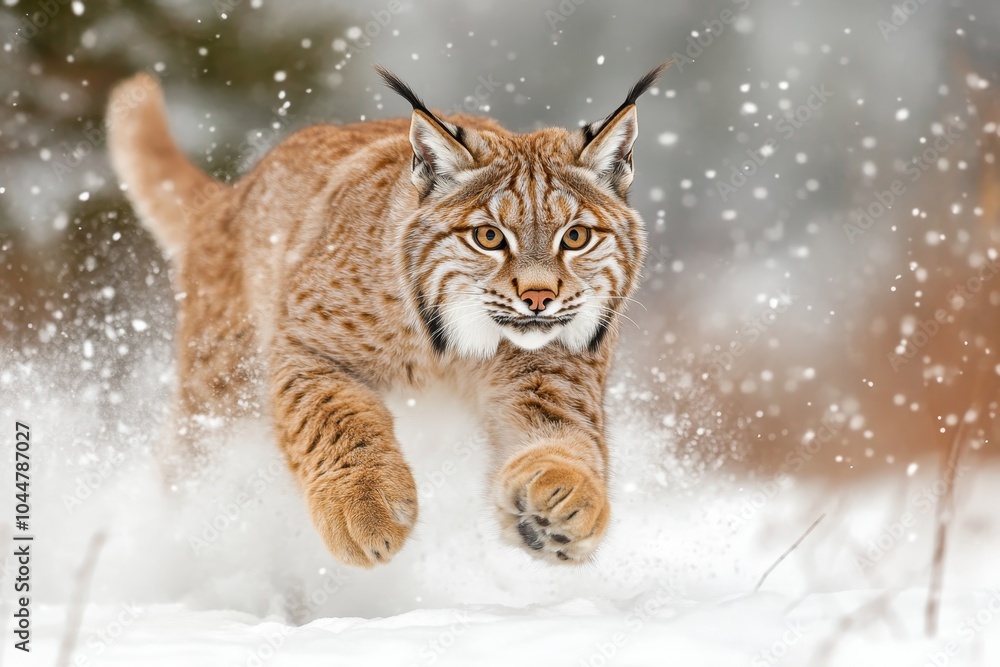 A magnificent lynx dashes through a snowy forest, embodying grace and power amidst a winter wonderland of falling snowflakes. A magnificent lynx dashes through a snowy forest, embodying grace and power amidst a winter wonderland of falling snowflakes.
