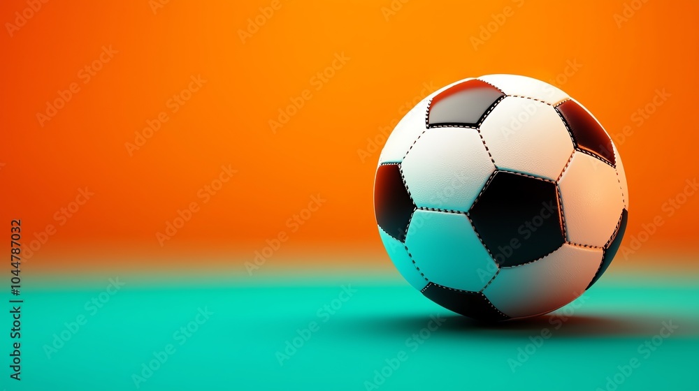 Naklejka premium A close-up of a soccer ball on a vibrant orange background, showcasing its iconic black and white design.