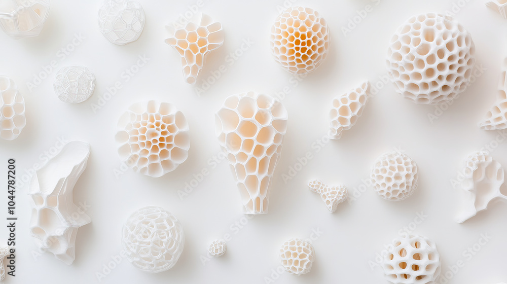 Intricate white sculptures resembling organic forms and textures create visually captivating arrangement. These unique pieces showcase blend of art and design, evoking sense of wonder and creativity Intricate white sculptures resembling organic forms and textures create visually captivating arrangement. These unique pieces showcase blend of art and design, evoking sense of wonder and creativity