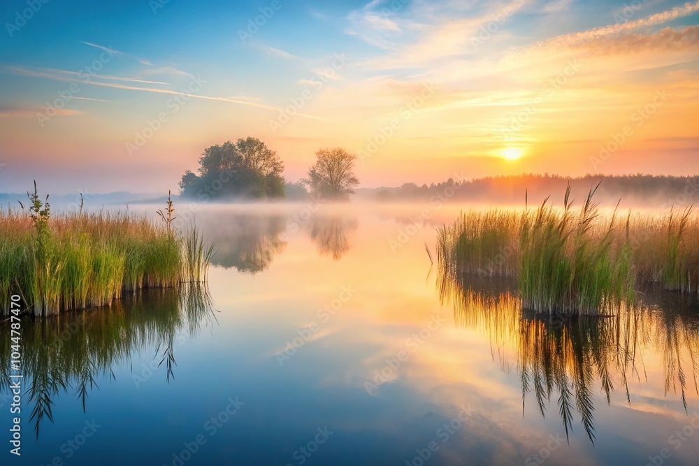 Serene early morning marsh scene with misty waters at sunrise Serene early morning marsh scene with misty waters at sunrise