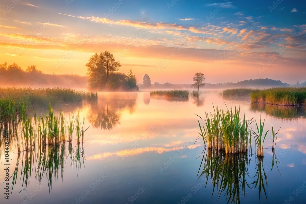 Serene early morning marsh scene with mist and sunrise glow Serene early morning marsh scene with mist and sunrise glow