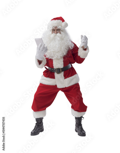 Cheerful Santa Claus checking his smartphone