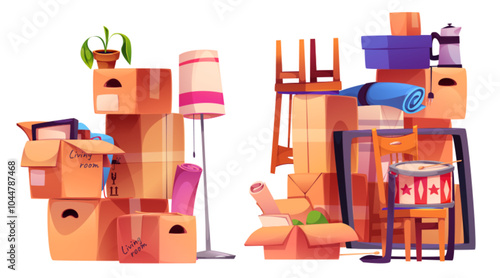 Home stuff in cardboard boxes for moving and relocation concept. Cartoon vector pile of carton packages with belongings - furniture, lamp, plant and interior element for delivery and migration service photo