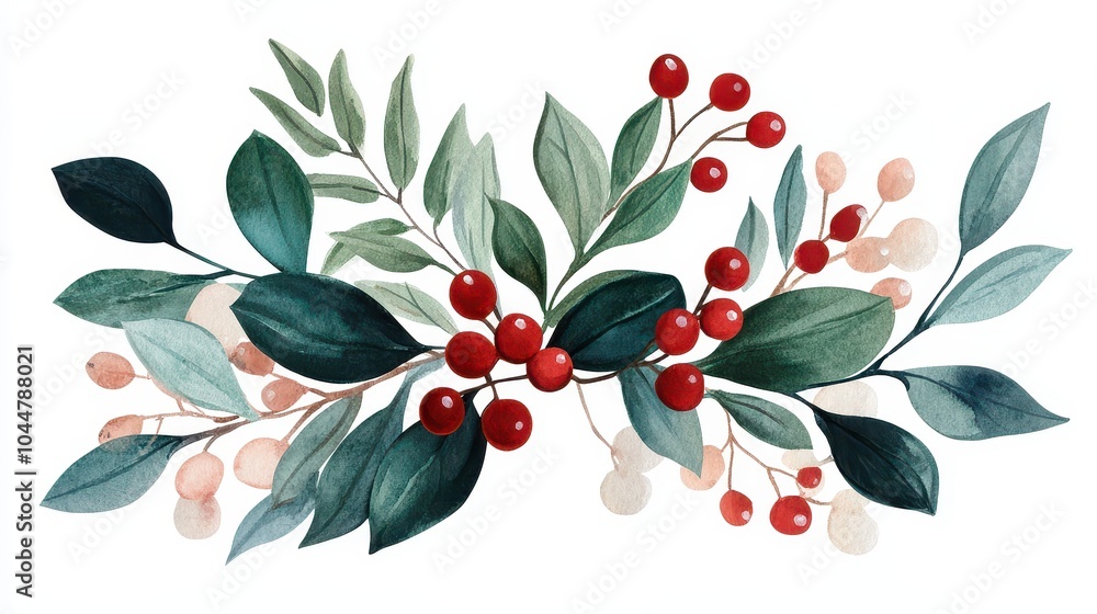 A vibrant floral arrangement featuring green leaves and red berries, perfect for seasonal decoration and nature-inspired designs. A vibrant floral arrangement featuring green leaves and red berries, perfect for seasonal decoration and nature-inspired designs.