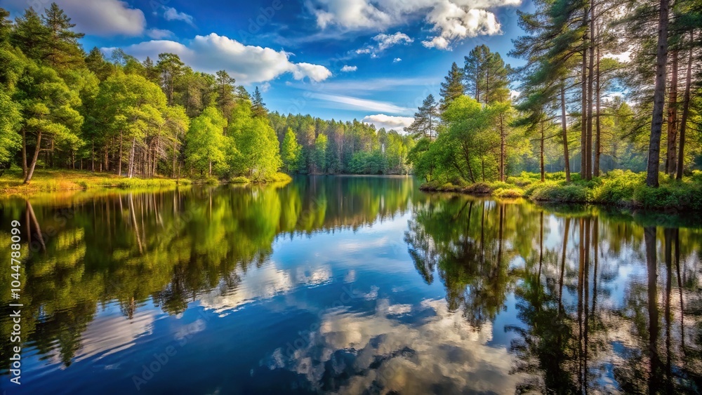 Fototapeta premium Serene forest landscape with trees and pond
