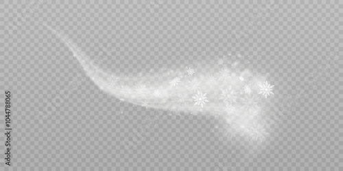 Christmas cold blizzard effect with snow. Vector texture Cold winter wind with snowflakes on transparent background.