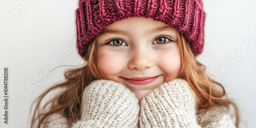 Smiling girl in a burgundy knit hat and beige sweater with hands on her cheeks, posing against a light background.