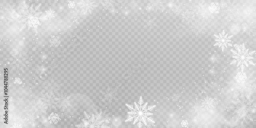 Christmas background with cold snowstorm effect and snowflakes. Vector texture of Cold winter snowstorm with snowflakes on transparent background.