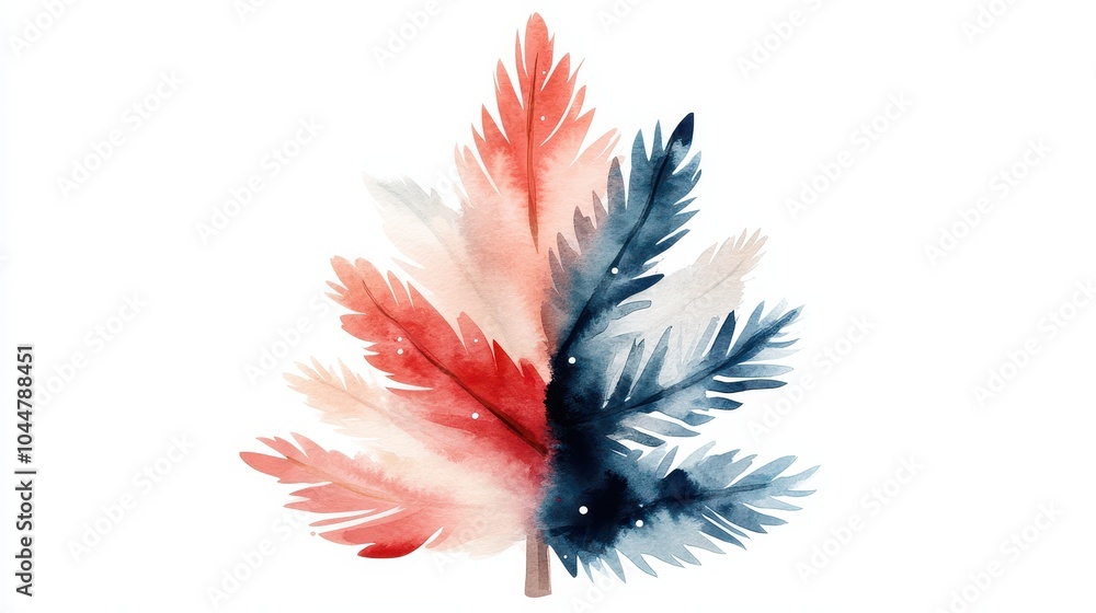 Obraz premium A vibrant watercolor illustration of a tree leaf, showcasing shades of red, blue, and soft white for a unique artistic effect.