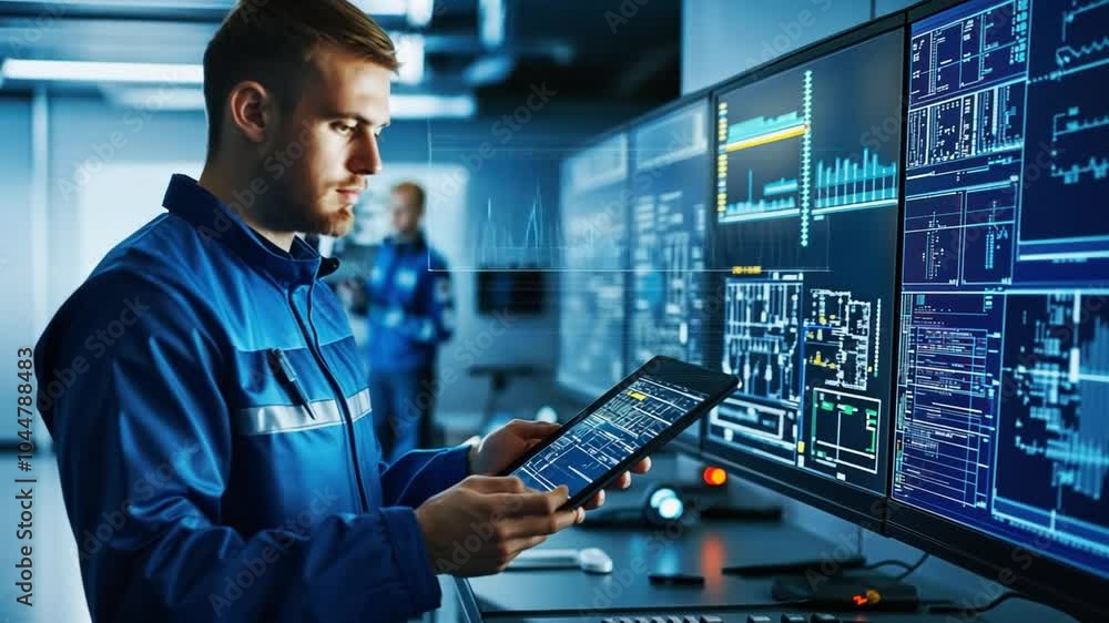 IT specialists using a digital tablet in a control room. IT specialists using a digital tablet in a control room.
