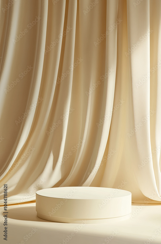 Refined 3D Rendered Podium with Ivory Silk Curtains for a Luxurious Presentation Refined 3D Rendered Podium with Ivory Silk Curtains for a Luxurious Presentation