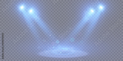 Spotlight effect. Stage lighting with bright LED strobe lights. Spotlights on a transparent background.