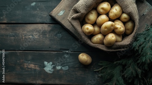 A burlap sack filled with fresh potatoes on a rustic wooden surface.