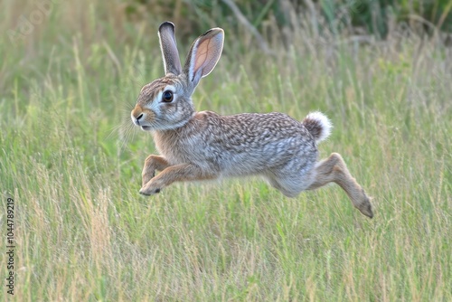 A Captivating Leap of a Wild Hare Amidst Lush Green Grass, Radiating Joy and Freedom with Every Bound in the Grassy Meadow photo