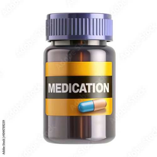 A 3D render of a medication bottle showcasing a blue and orange capsule. The design is sleek and modern, featuring a yellow label that reads 'MEDICATION'. photo