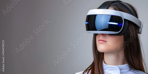 A young woman wearing a virtual reality headset. photo