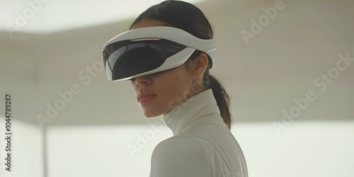 A young woman wearing a virtual reality headset. photo