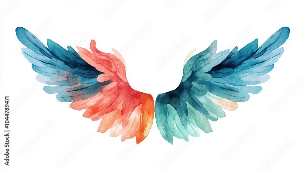 Obraz premium Beautiful watercolor wings in vibrant colors, symbolizing freedom and inspiration. Perfect for artistic and metaphoric themes.
