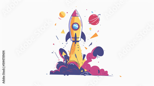 vibrant rocket launching into space symbolizes innovation and creativity, surrounded by colorful planets and geometric shapes. This illustration captures excitement of exploration and new ideas