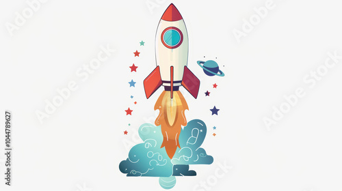 colorful rocket launching into space, surrounded by stars and planets, symbolizes creativity and innovation. This vibrant illustration captures excitement of exploration and new ideas