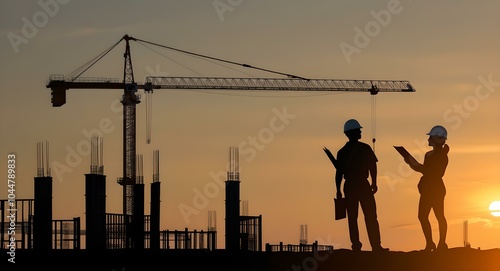 Construction Workers Silhouette at Sunset with Crane. Silhouettes of two construction workers in hard hats stand against an orange sunset sky, a large crane behind them and a partially built structure