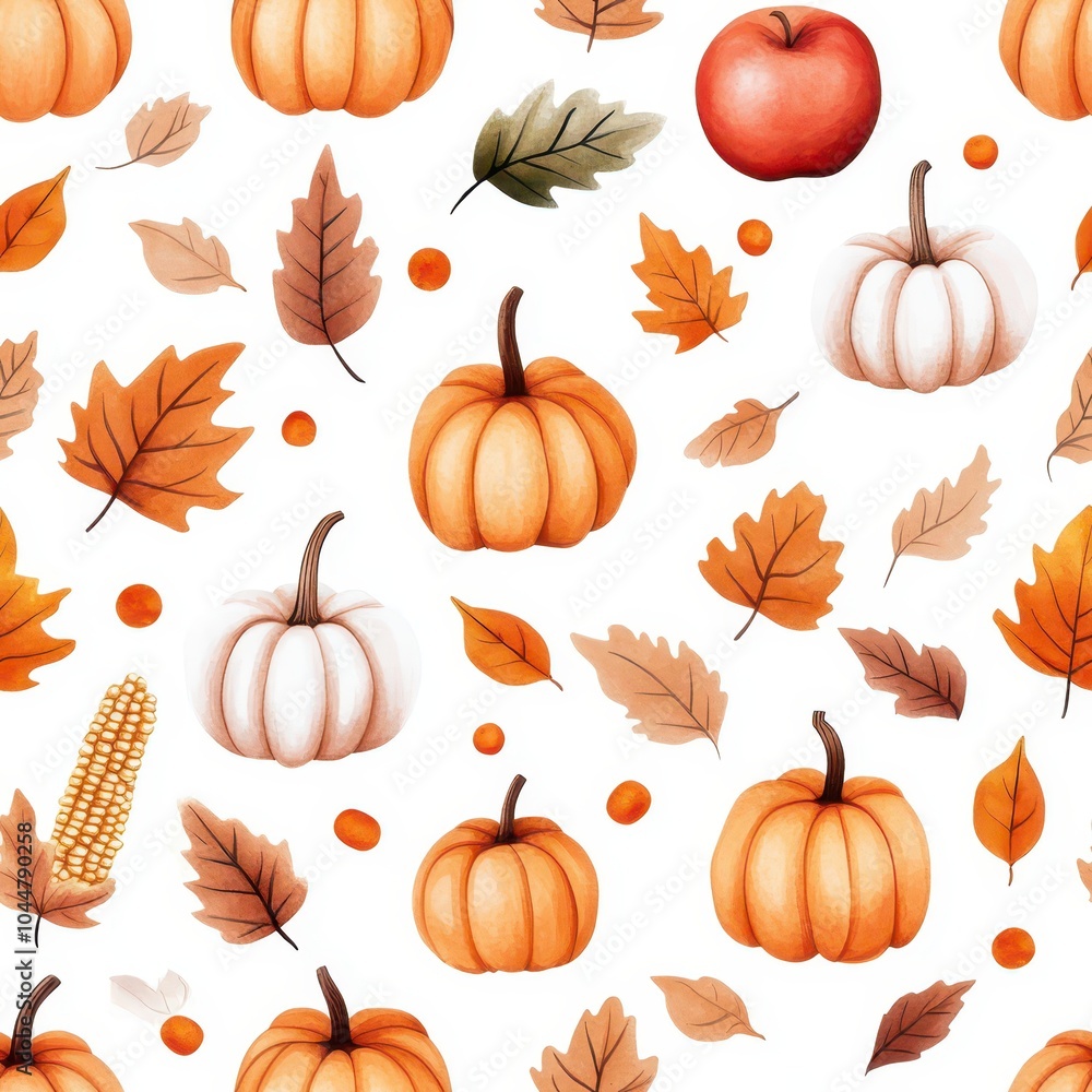 Autumn scene with vibrant maple leaves, pumpkins, apples, and corn celebrating the harvest season. Autumn scene with vibrant maple leaves, pumpkins, apples, and corn celebrating the harvest season.