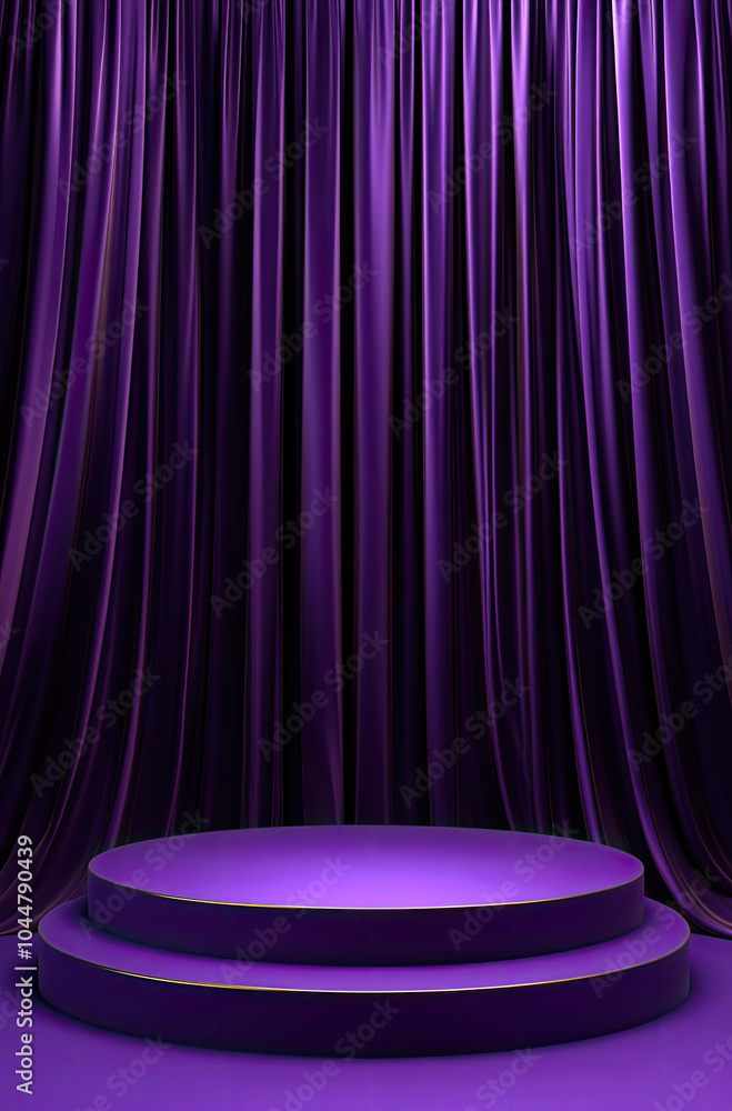 Majestic 3D Rendered Podium with Regal Violet Curtains for a Royal Presentation Majestic 3D Rendered Podium with Regal Violet Curtains for a Royal Presentation