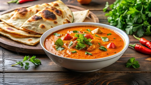 Delicious Red Curry Sauce with Cilantro Garnish and Naan Bread on White Plate - Authentic Indian Cuisine, Candid Photography, Food Styling, Culinary Delight