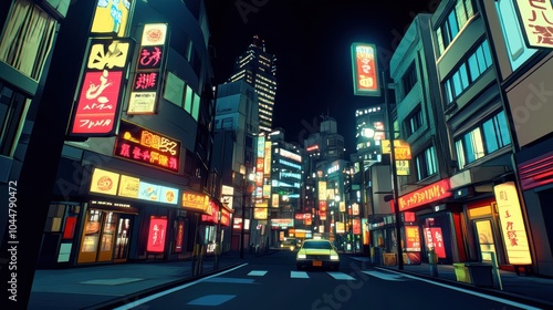 A vibrant, neon-lit urban street scene depicting a lively city atmosphere at night.